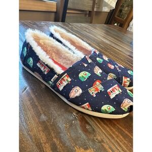 TOMS x Paper Source Holiday Camper Faux Fur Lined Alpargata Shoes Womens 8 Navy